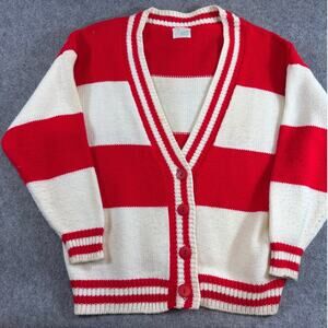 Vintage 80s Mister Noah Sweater Womens Large Red White Striped Cardigan Grandma